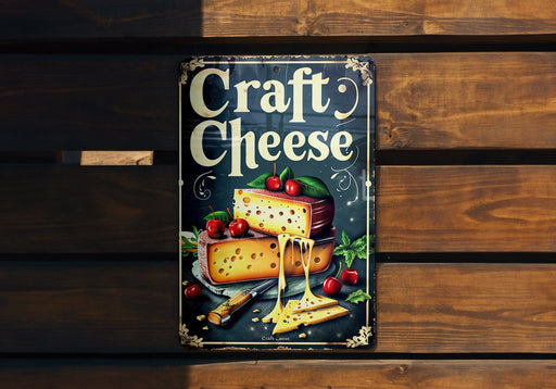 a sign on a wooden bench that says craft cheese