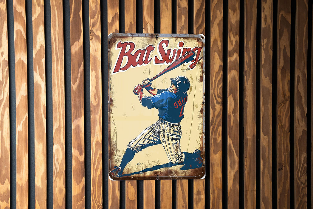 a metal sign with a baseball player holding a bat