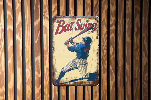 a metal sign with a baseball player holding a bat