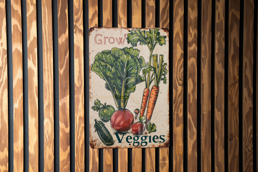 a sign on a wooden wall that says grow veggies