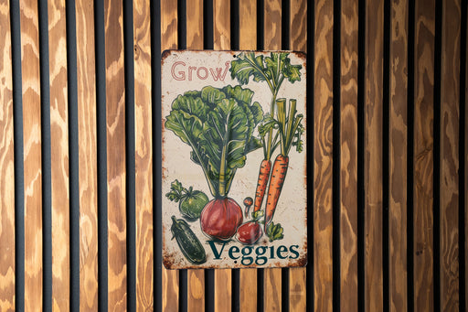 a sign on a wooden wall that says grow veggies