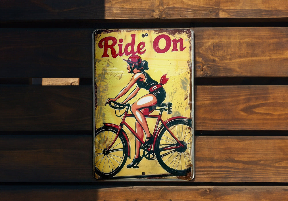 a sign on a wooden wall that says ride on