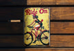 a sign on a wooden wall that says ride on