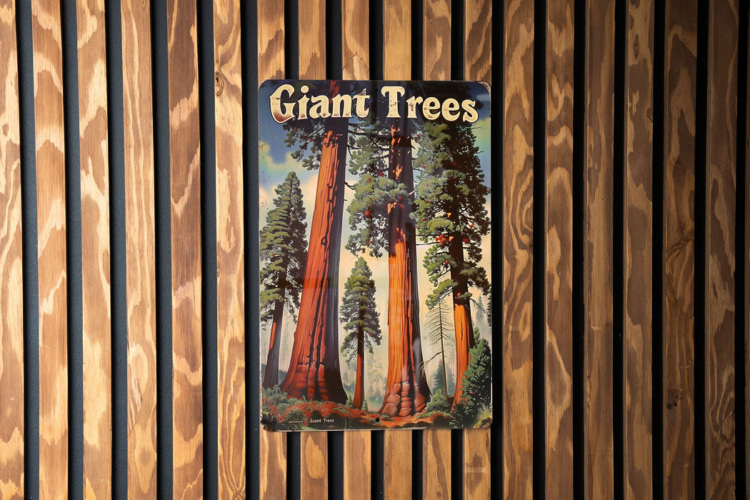 a picture of giant trees on a wooden wall