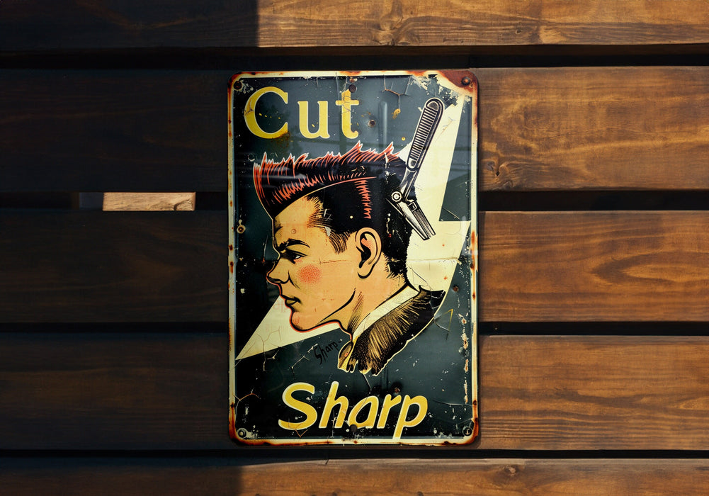 a sign on a wooden bench that says cut sharp