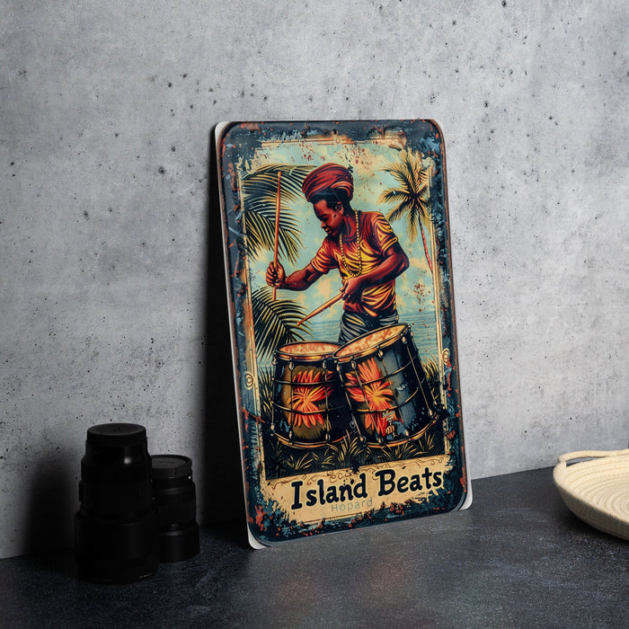 a tin sign with a picture of a drummer on it