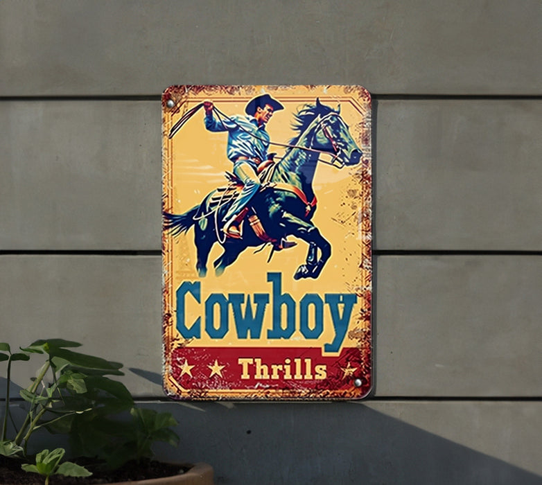 a cowboy riding a horse on a yellow and red sign