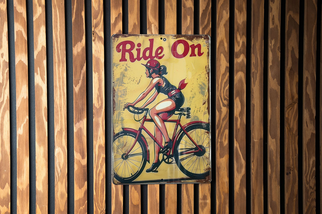 a sign on a wooden wall that says ride on