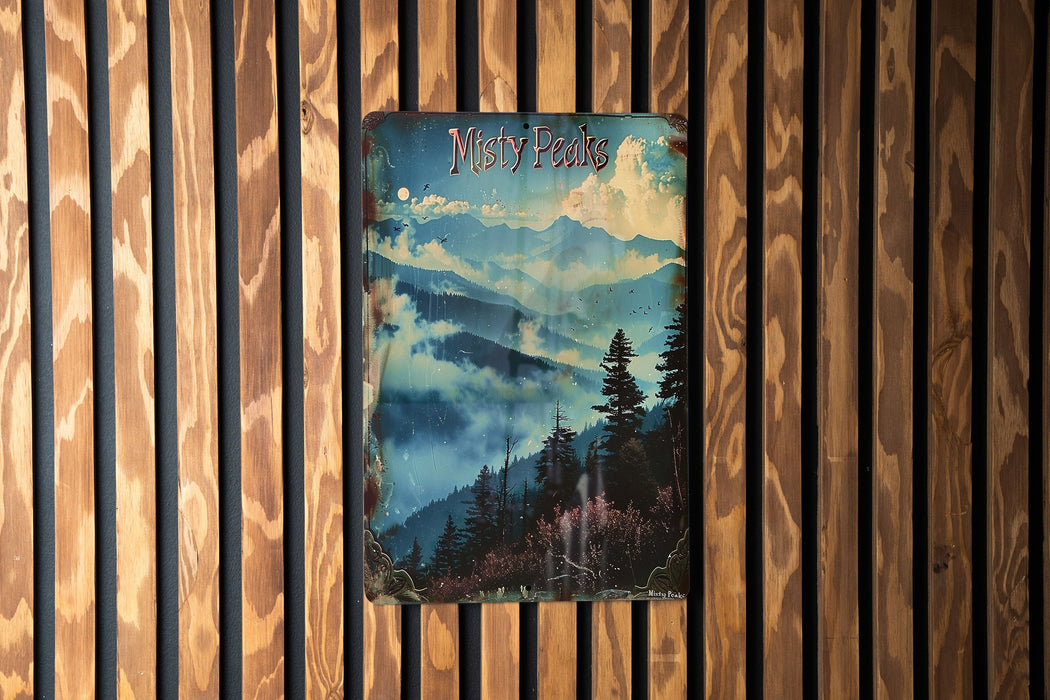 a picture of a mountain scene on a wooden wall