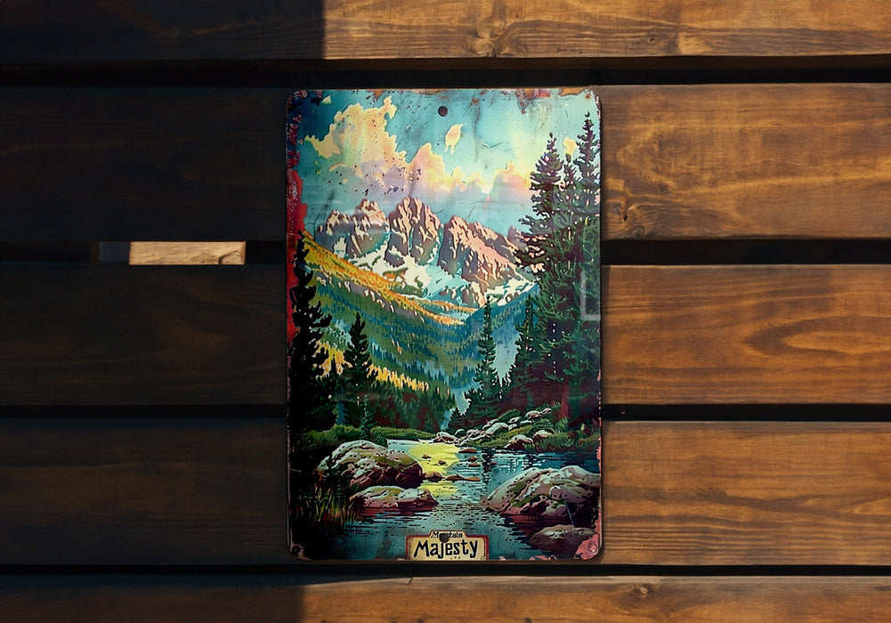 a painting of a mountain scene on a wooden bench