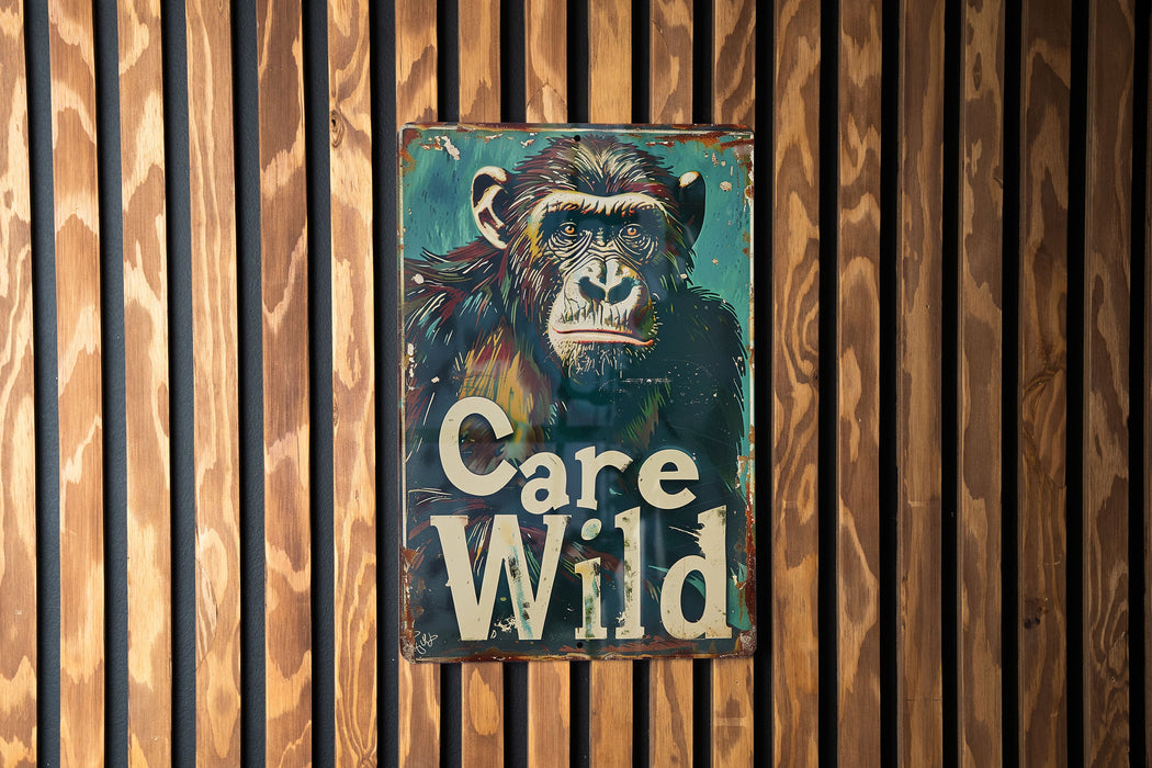 a sign on a wooden wall that says care wild