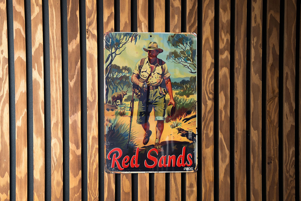 a red sands sign hanging on a wooden wall
