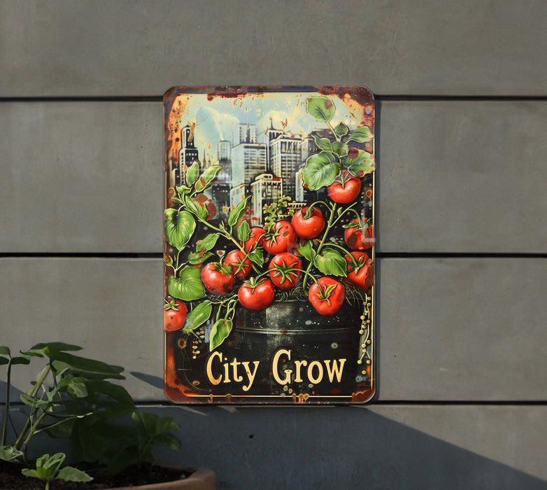 a sign that says city grow with tomatoes on it