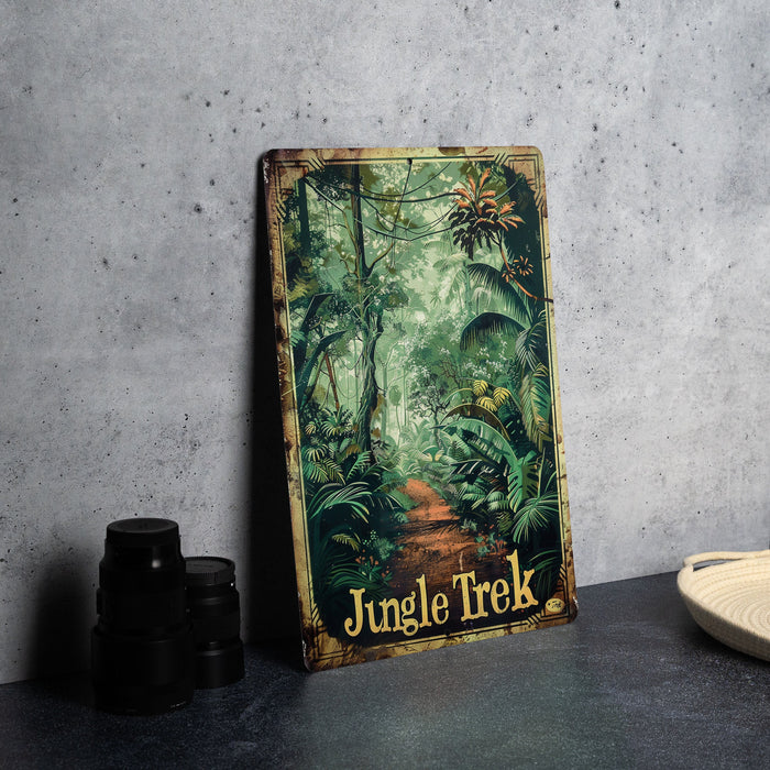 a jungle trek sign sitting on a table next to a pair of binoculars