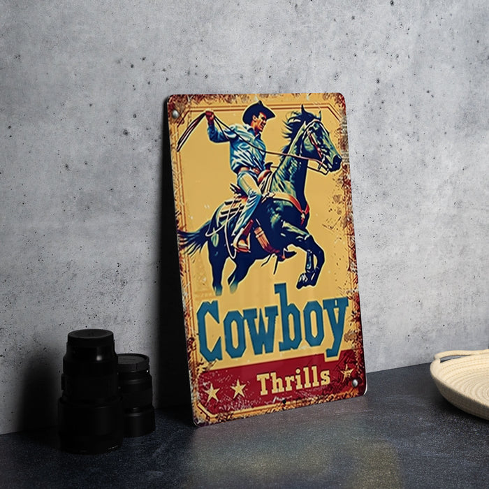 a cowboy riding a horse on a yellow sign