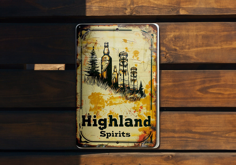 a sign on a wooden wall that says highland spirits