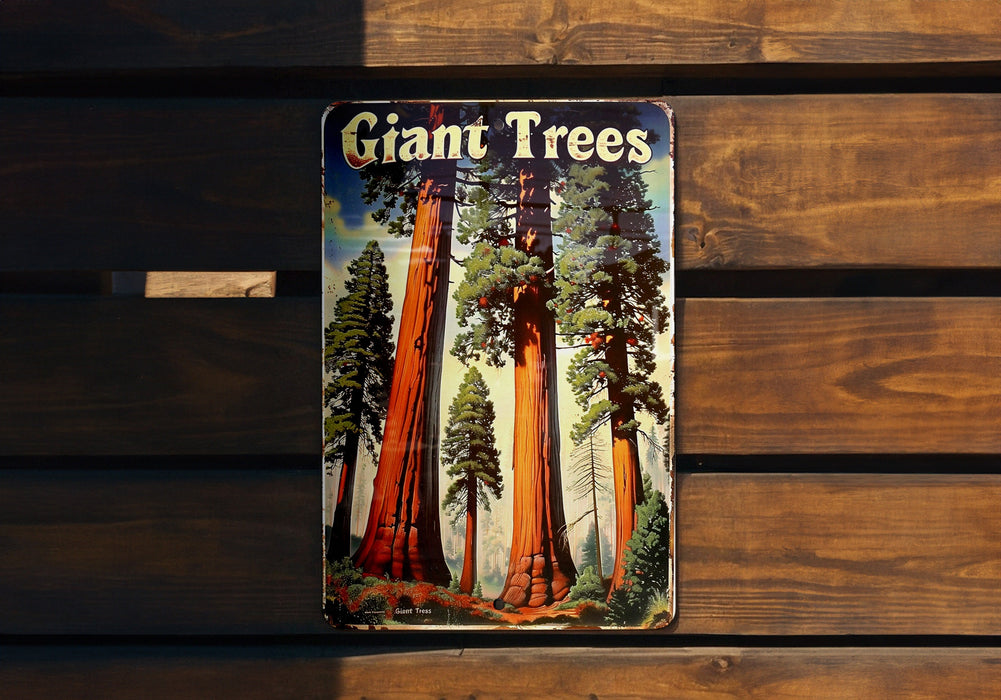 a book about giant trees on a wooden bench