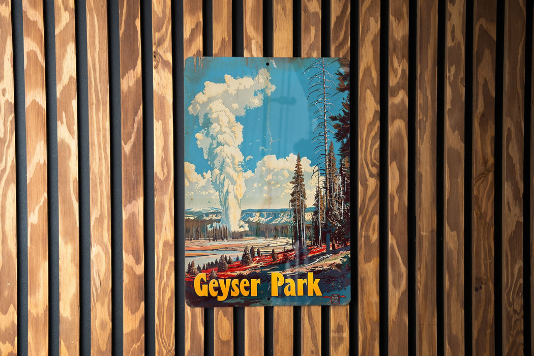 a picture of a geyser park on a wooden wall