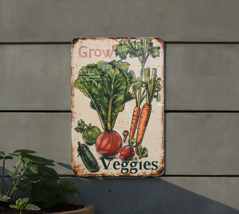 a sign that says grow veggies on the side of a building