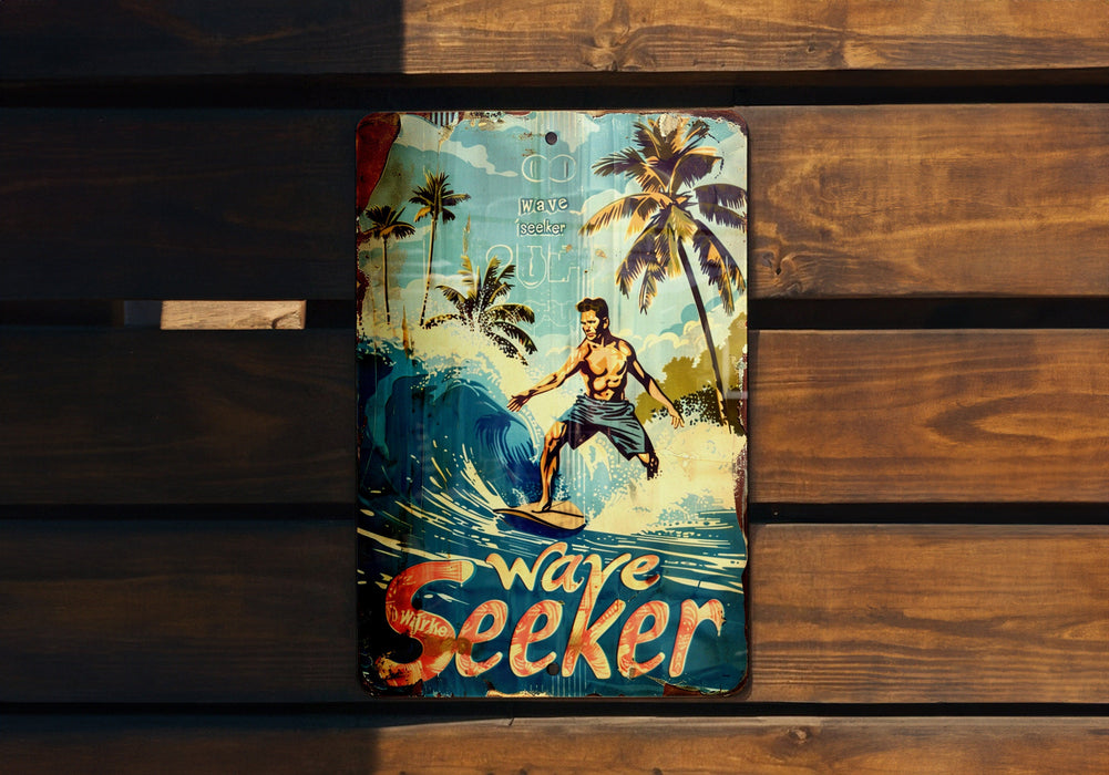 a picture of a man riding a surfboard on a wooden wall