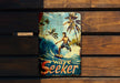 a picture of a man riding a surfboard on a wooden wall