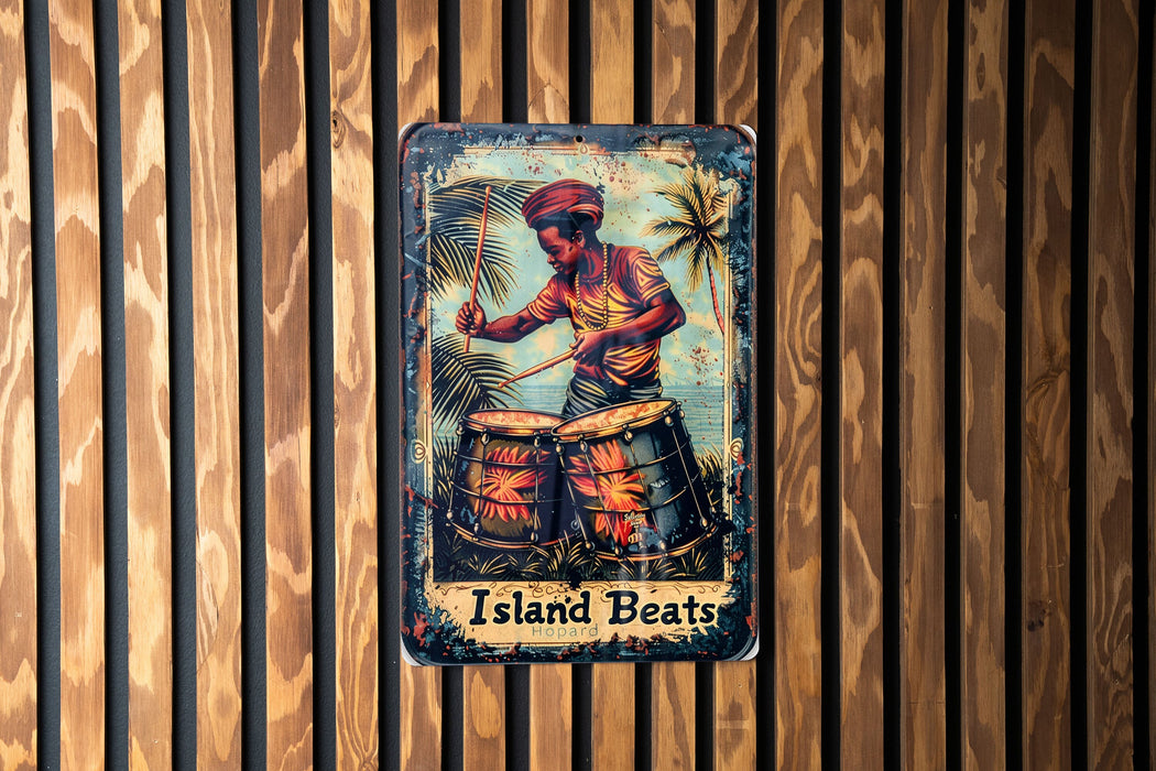 a sign on a wooden wall that says island beats