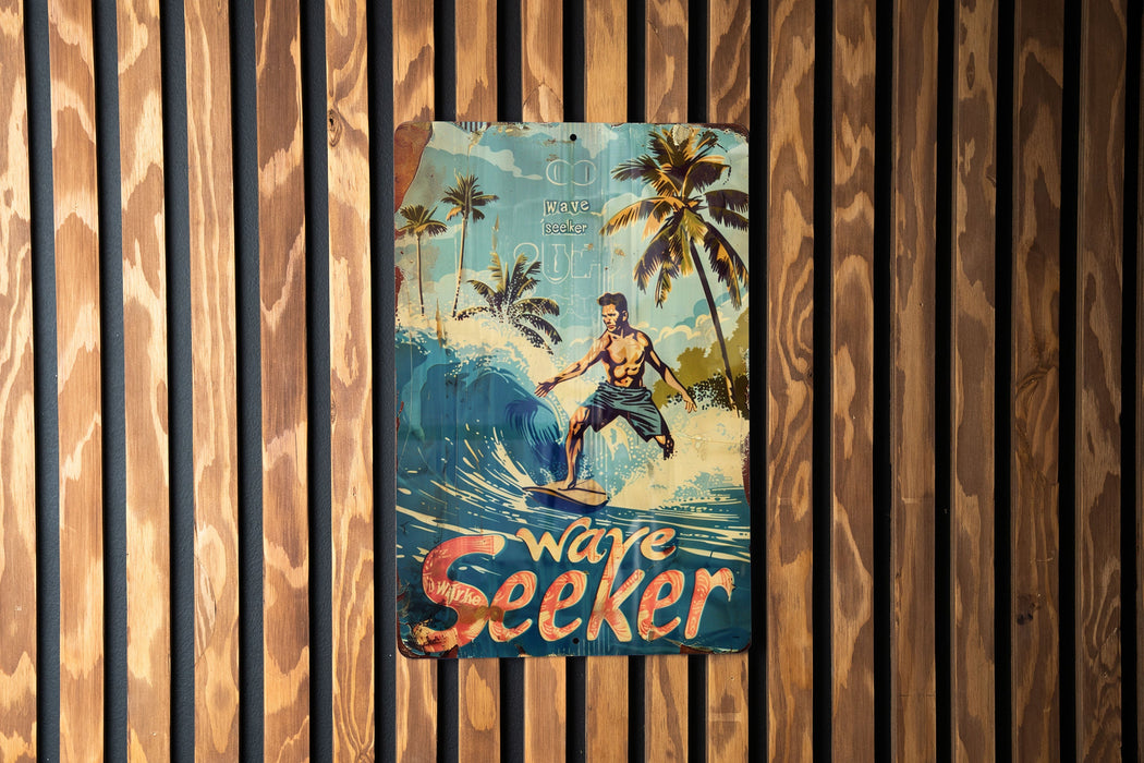 a picture of a man riding a surfboard on a wooden wall