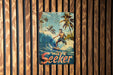 a picture of a man riding a surfboard on a wooden wall