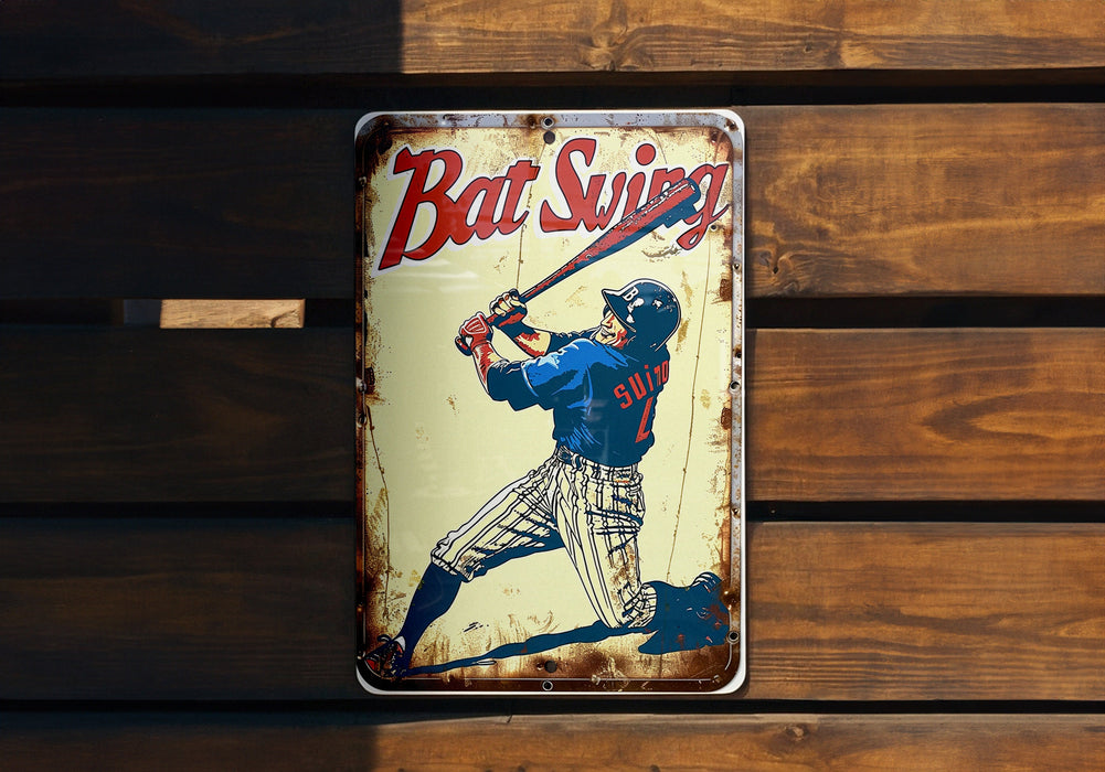 a tin sign with a baseball player holding a bat