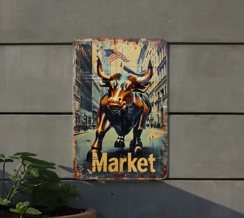 a metal sign with a bull painted on it