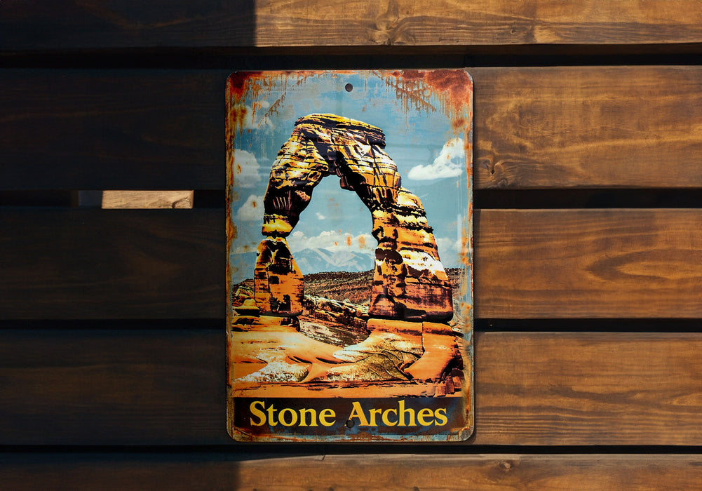 a sign on a wooden wall that says stone arches