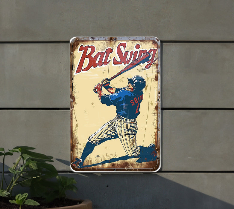 a metal sign with a baseball player holding a bat