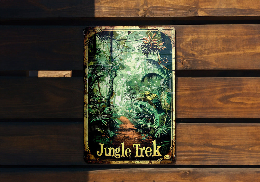 a jungle trek sign hanging on a wooden wall