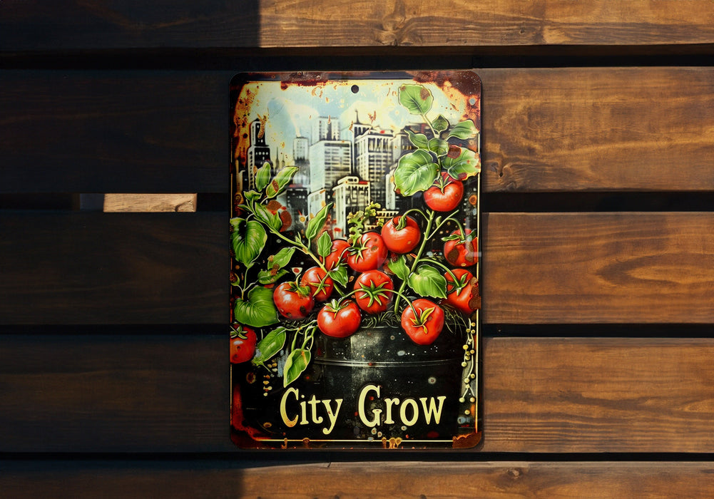 a sign that says city grow with tomatoes on it