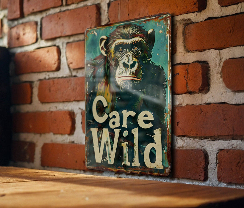 a sign on a brick wall that says care wild