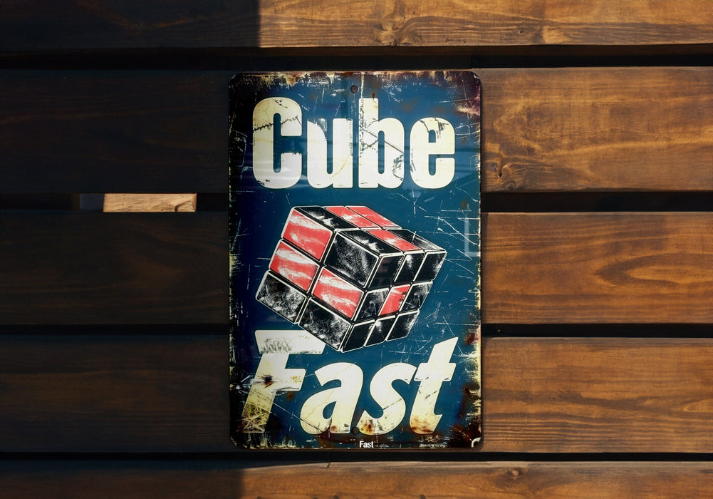 a sign that reads cube fast on a wooden bench