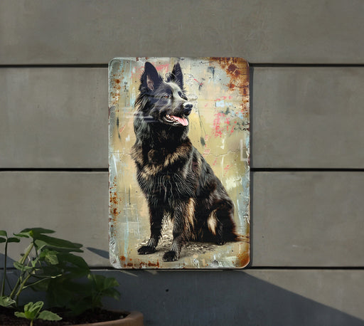 a metal sign with a dog on it