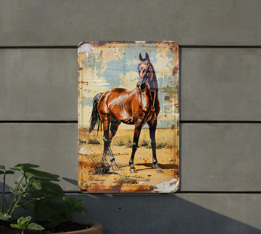 a picture of a horse on a rusty sign