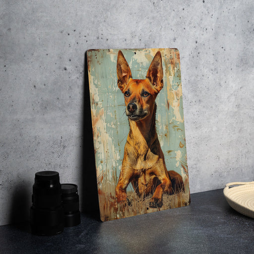 a painting of a dog on a wooden panel