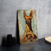 a painting of a dog on a wooden panel