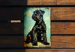 a black dog sitting on top of a wooden bench