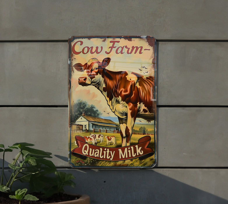 a cow farm sign hanging on the side of a building