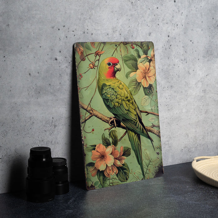 a painting of a parrot sitting on a tree branch