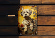 a painting of a dog on a wooden bench