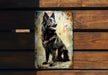 a black and brown dog sitting on top of a wooden bench