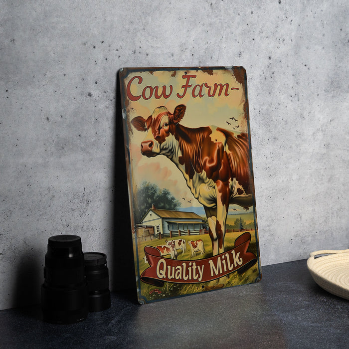 a cow is standing next to a sign on a table