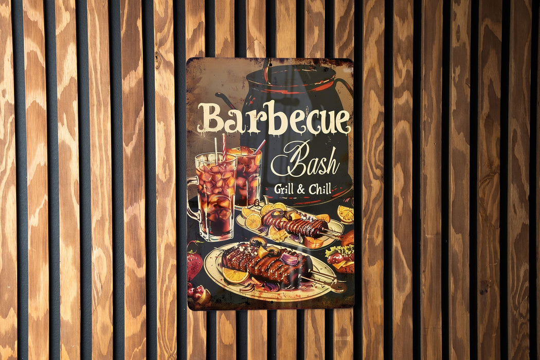 a barbeque sign hanging on a wooden wall