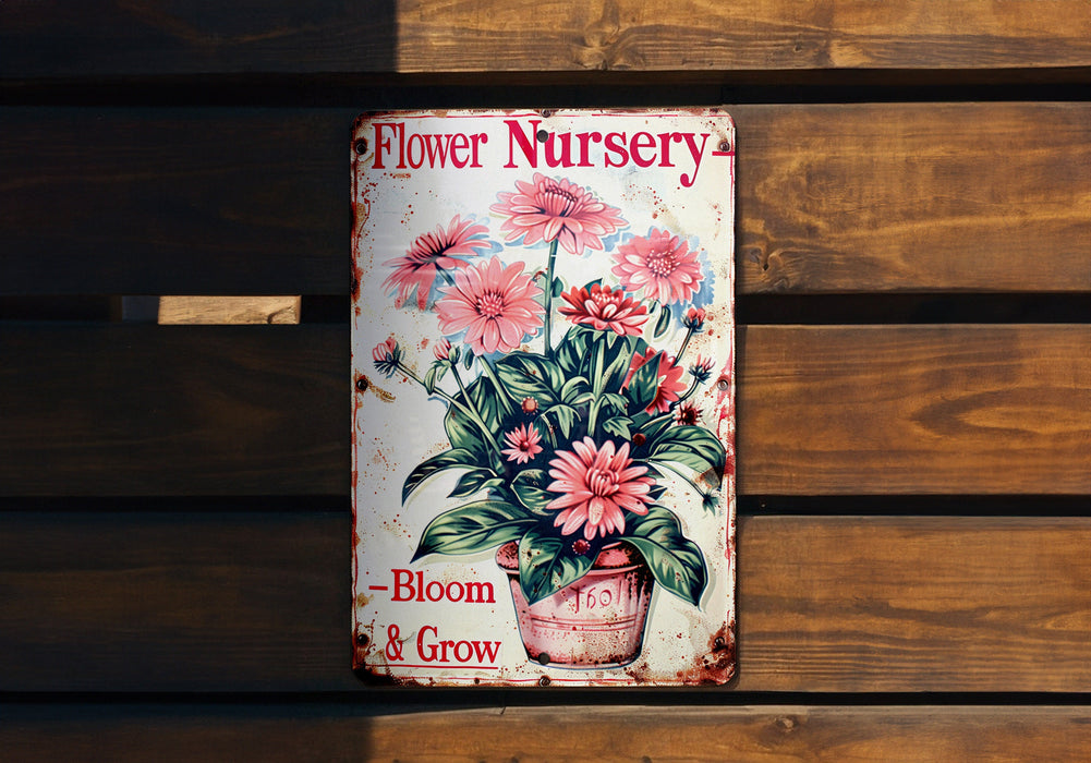 a flower nursery sign hanging on a wooden wall