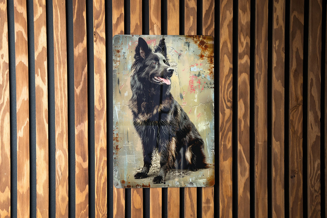 a painting of a dog on a wooden wall