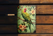 a green bird sitting on top of a wooden bench